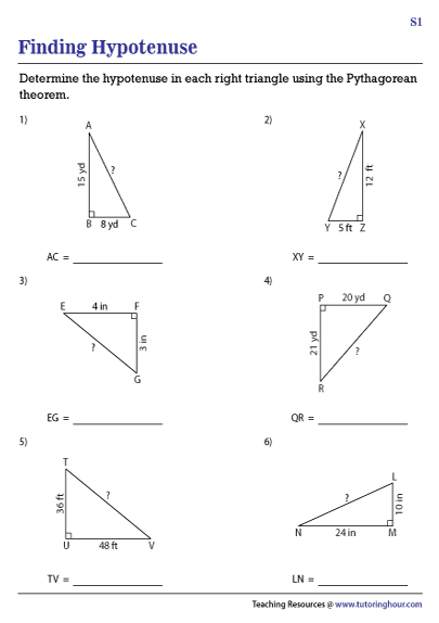 Eighth grade math worksheet focusing on calculating the missing hypotenuse using the Pythagorean theorem