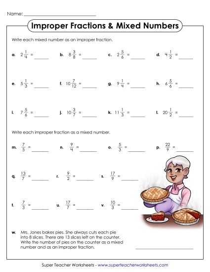 Worksheet featuring improper fractions conversion for fourth graders