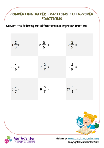 Converting Improper Fractions to Mixed Numbers Worksheet Ten Fourth grade math worksheet for converting improper fractions to mixed numbers featuring coloring activities