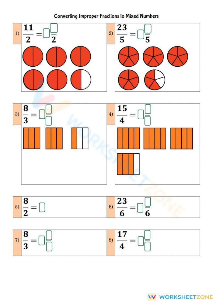 Converting Improper Fractions to Mixed Numbers Activity Sheet Eight A student worksheet showing colorful shapes to help fourth graders practice converting improper fractions to mixed numbers