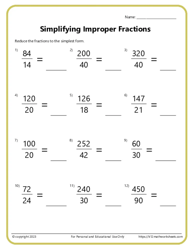 Fourth grade math worksheet featuring step by step instructions for converting improper fractions into mixed numbers