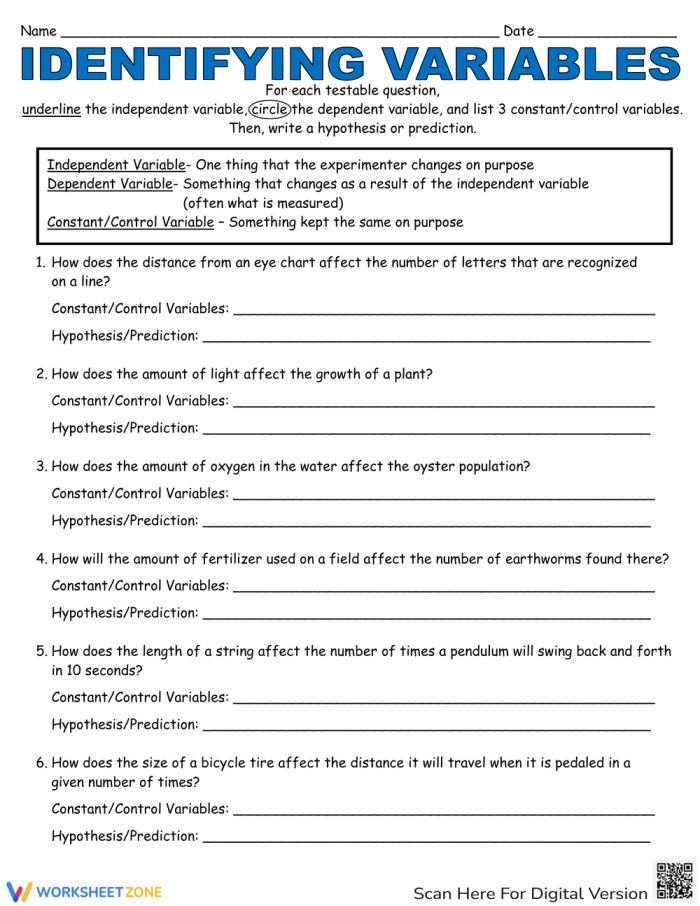 Worksheet for identifying independent and dependent variables in real-world examples for sixth graders