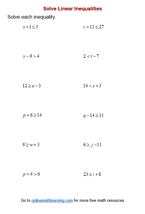 Seventh grade math worksheet featuring one-step inequality word problems for practice