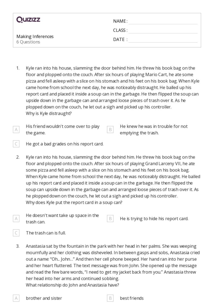 Fourth grade student completing a making inferences worksheet with text passages and evidence boxes