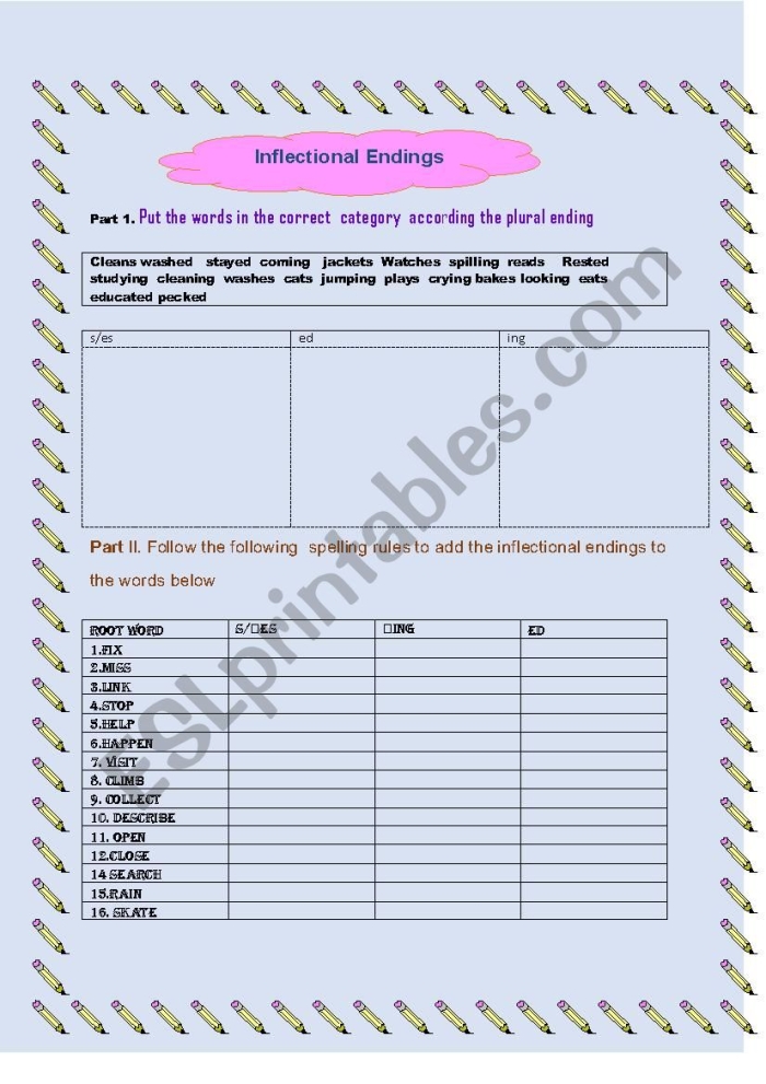 First grade rainy day themed worksheet for practicing ing s and ed inflectional endings