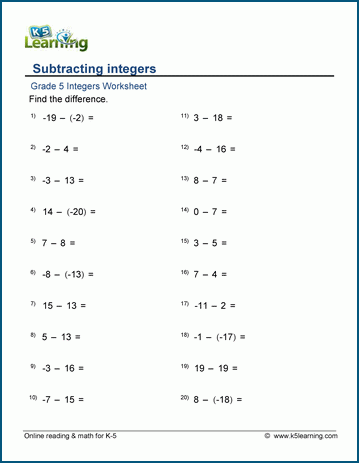 Seventh grade math worksheet featuring problems for adding and subtracting integers