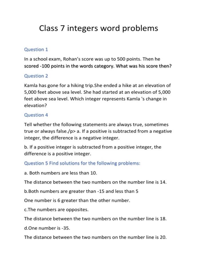 Seventh grade students solving real-world word problems on an adding and subtracting integers worksheet