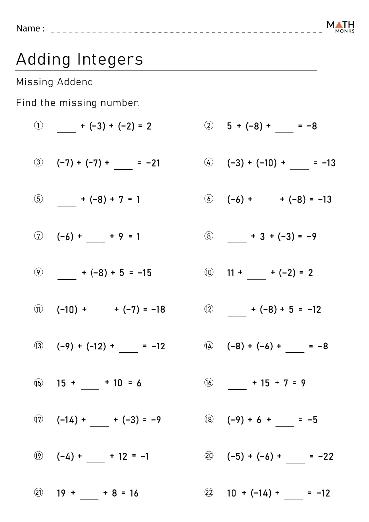 Worksheet illustrating the concept of integers for sixth graders