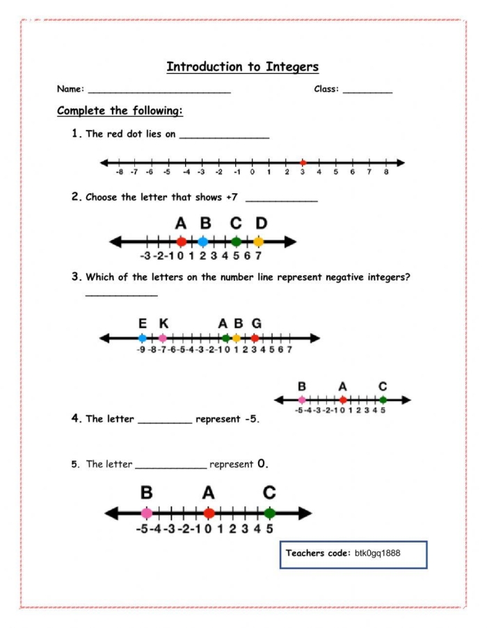 Worksheet exploring the concept of integers for sixth graders