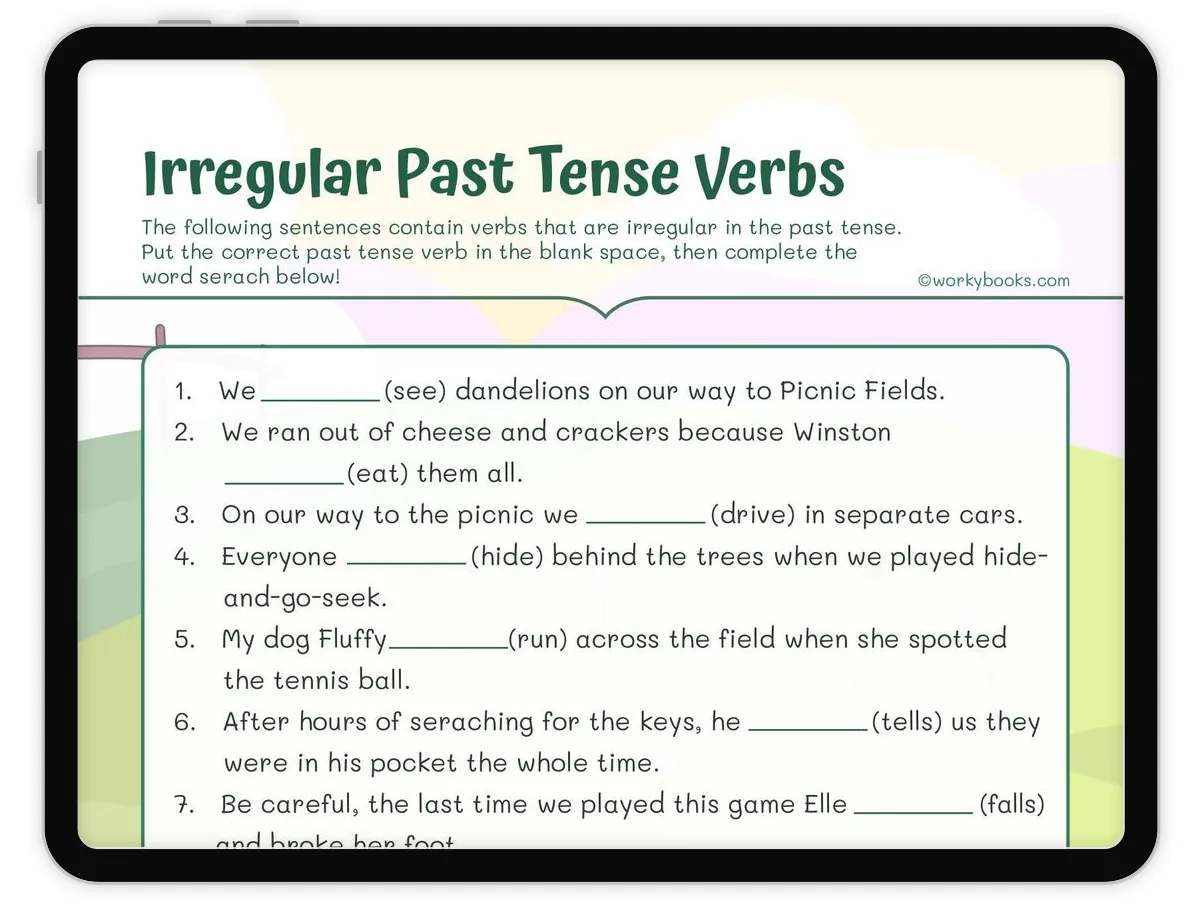 Irregular Past Tense Verbs Check-in Worksheet 11 Second grade student completing an Irregular Past Tense Verbs Check-in worksheet exercise