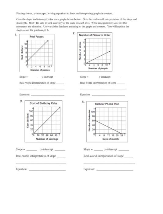Students analyzing a worksheet on interpreting slopes and y-intercepts from real-world examples