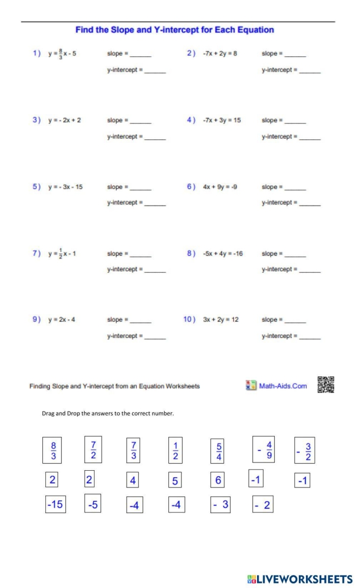Eighth grade math worksheet for writing linear equations using a y-intercept and a coordinate point