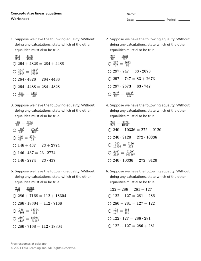 Solutions to Linear Equations Worksheet for 8th Grade Math 25 Eighth grade algebra worksheet focusing on determining the number of solutions to linear equations