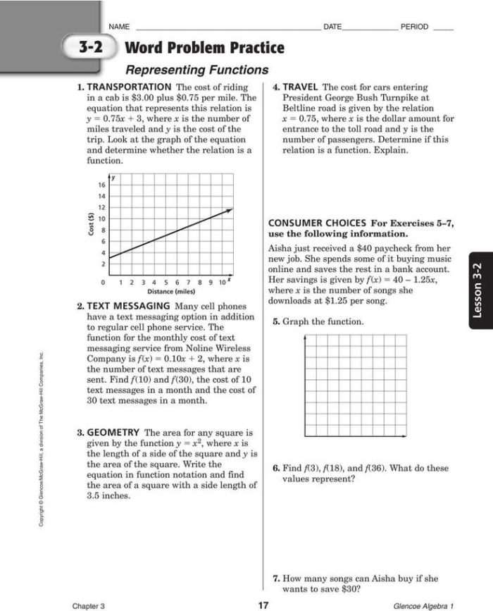 Eighth grade math student solving linear function word problems on a two-page algebra worksheet