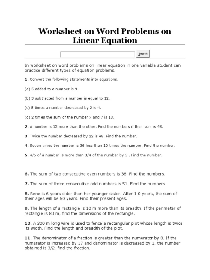 Eighth grade math worksheet focusing on solving linear function word problems on a two-page printable
