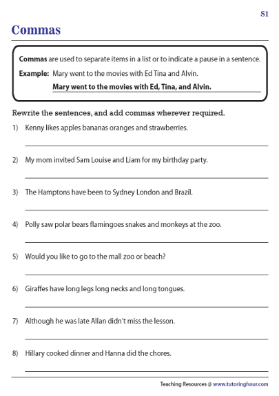 Commas in a Series Grammar Practice Activity 18 Fifth grade grammar worksheet showing practice exercises for using commas correctly in lists and series of words