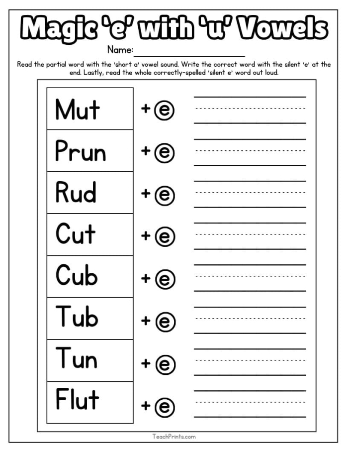 Silent e worksheet for kindergarten focusing on phonics and long vowel sounds