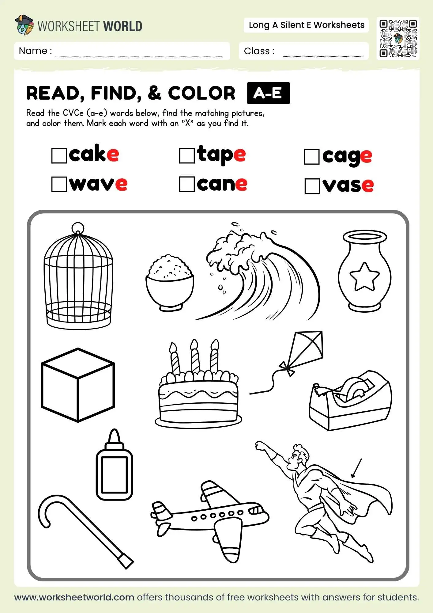 Silent e worksheet for kindergarten students focusing on phonics and long vowel sounds