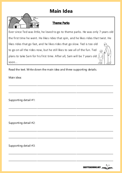 Third grade worksheet page showing reading comprehension exercises focused on identifying main ideas and supporting details from short passages
