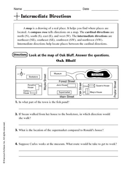 Practice Intermediate Directions Map Skills Worksheet 17 Third grade student completing an intermediate directions worksheet featuring a town map