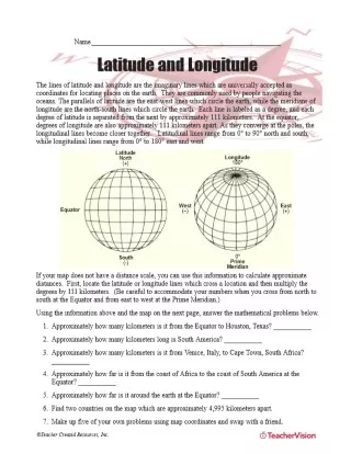 Latitude and Longitude worksheet for fourth-grade students to enhance map skills