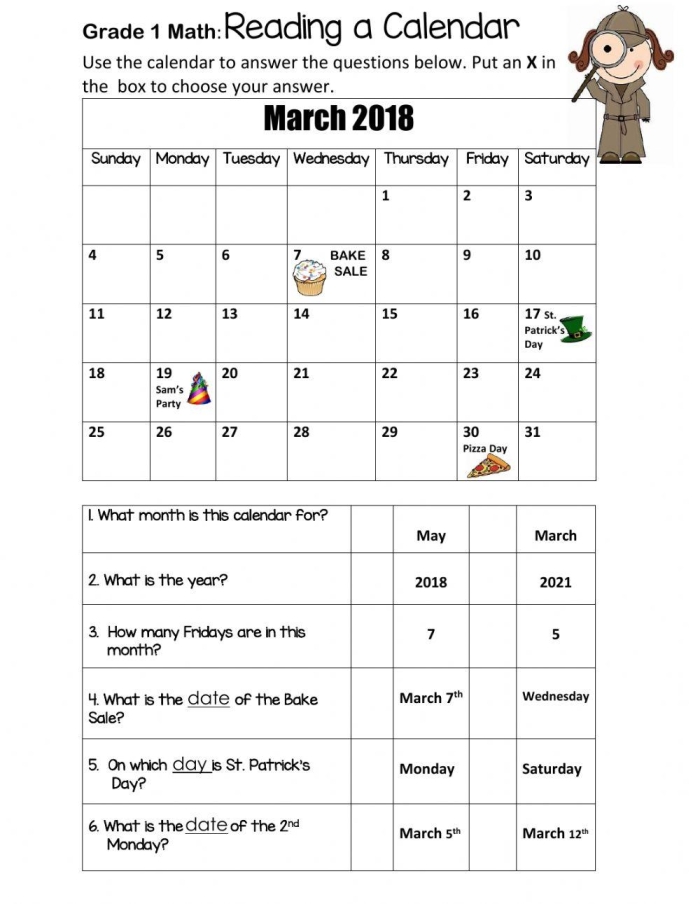 Engaging calendar math activity for young learners First grade worksheet for reading calendar days and dates in March 2026