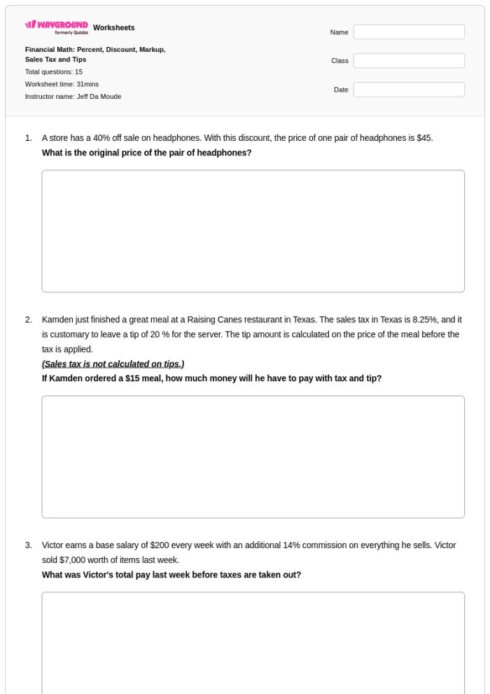 Markup and Markdown Percent Word Problems Practice Worksheet 10 Seventh grade math worksheet featuring word problems about calculating markup and markdown percents