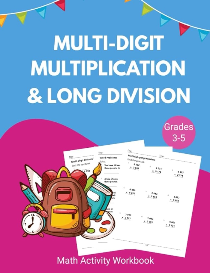 Geometry themed multi-digit multiplication and division worksheet for fifth grade math students Fifth grade math worksheet featuring multi-digit multiplication and division problems for geometry practice