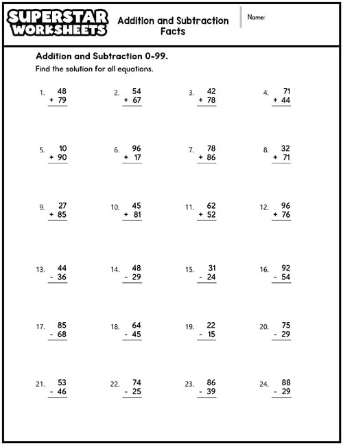 Second grade math worksheet featuring two-digit addition and subtraction practice problems
