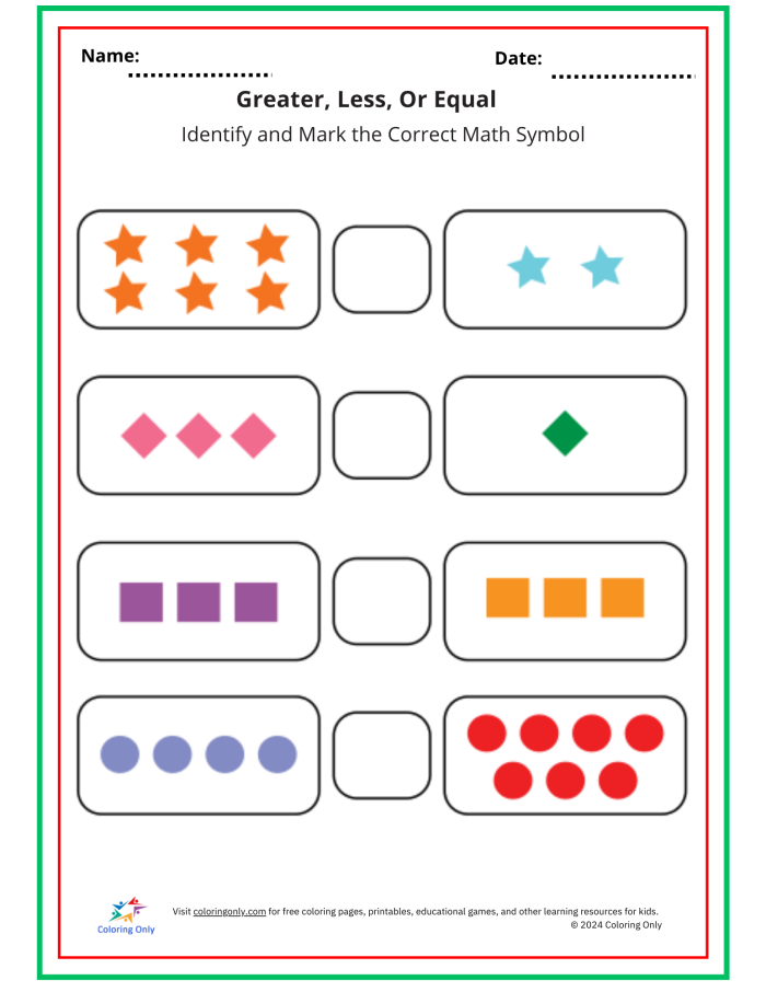 Kindergarten worksheet featuring colorful objects to practice less than greater than and equal to concepts