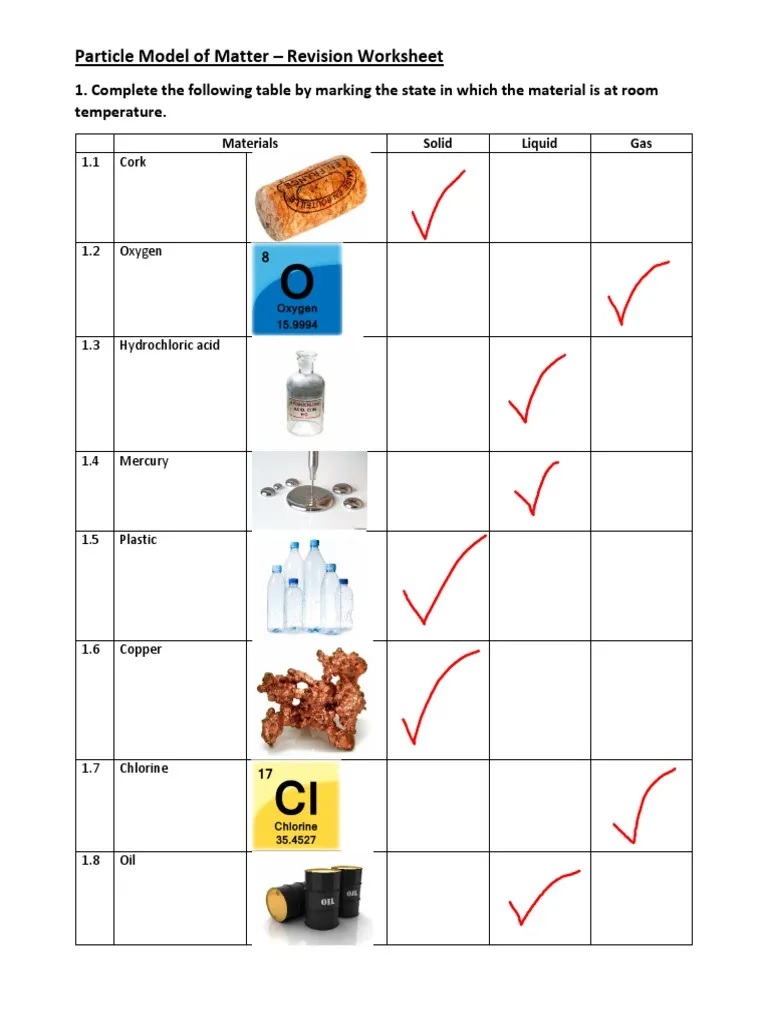 Sixth grade chemistry worksheet showing particle diagrams used to classify different states of matter