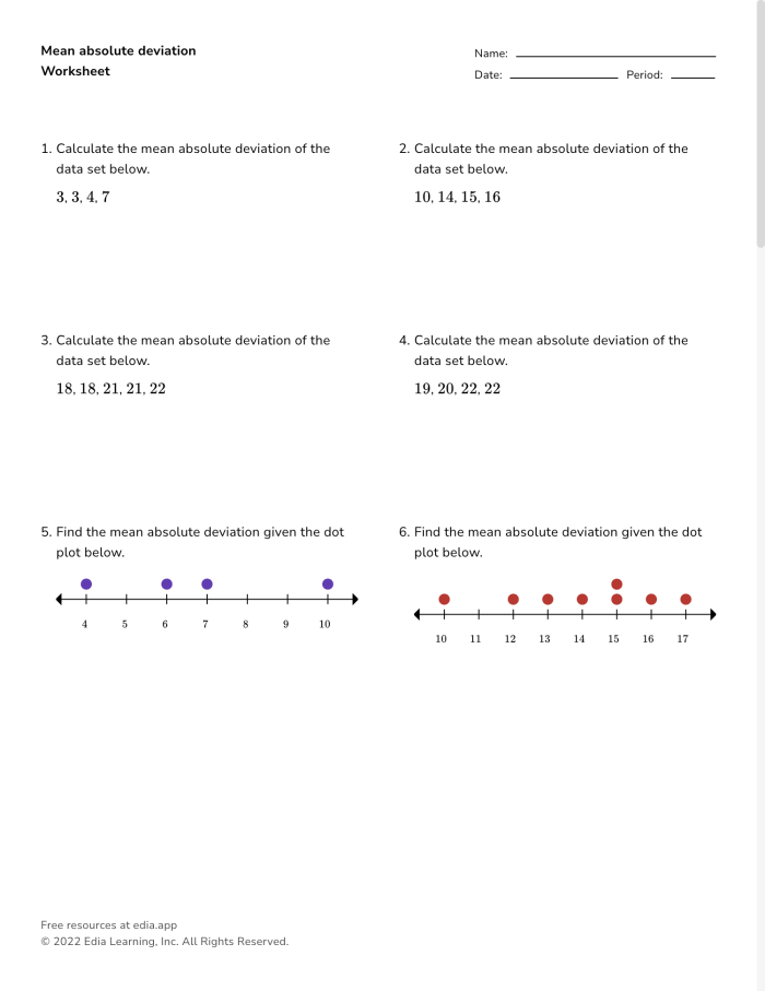 Sixth grade math worksheet for calculating mean absolute deviation of fractions