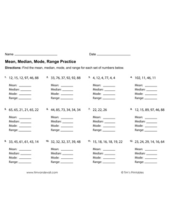 Worksheet for teaching mean, median, and mode concepts using fractions for sixth graders