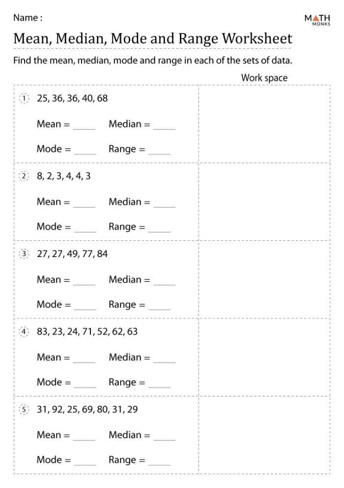 Sixth grade math worksheet for students to practice finding the mean of various data sets
