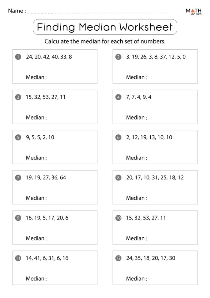 Sixth grade students working through median calculation problems on a practice worksheet