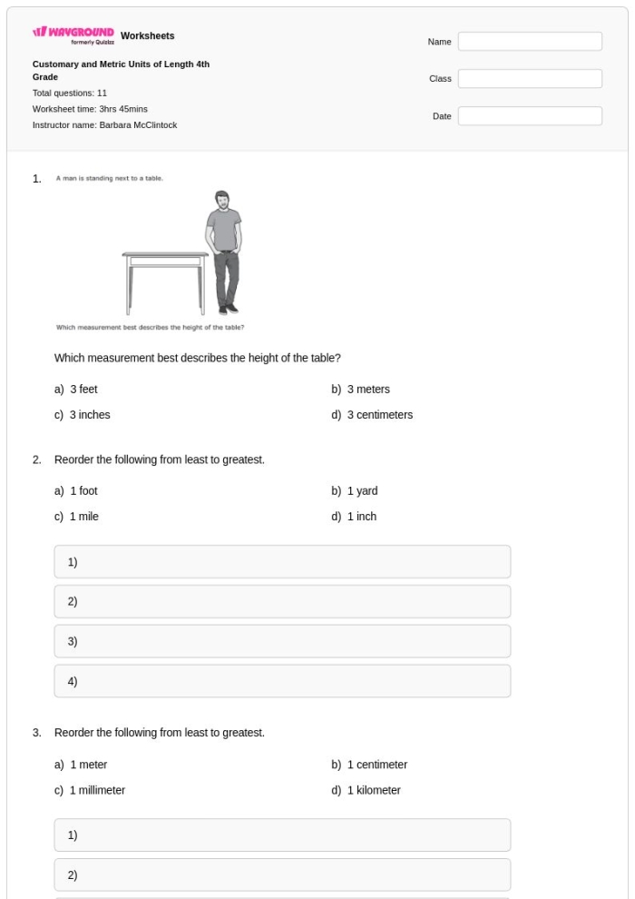 Third grade students practicing metric length conversions by solving sixteen problems on a worksheet