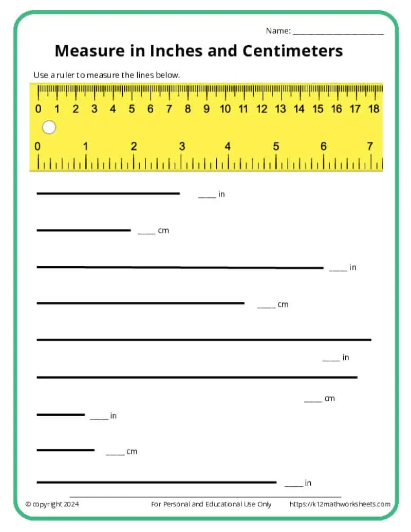 Worksheet for measuring school supplies in centimeters for first graders