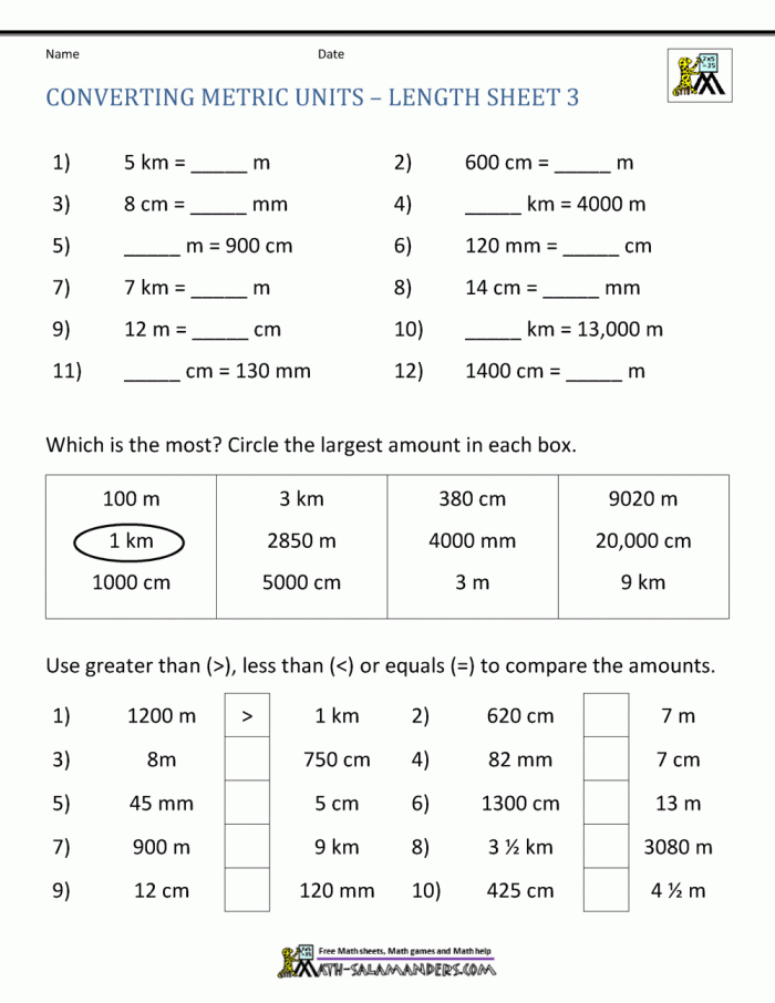 Fifth grade algebra worksheet focusing on unit conversion using a metric conversion table