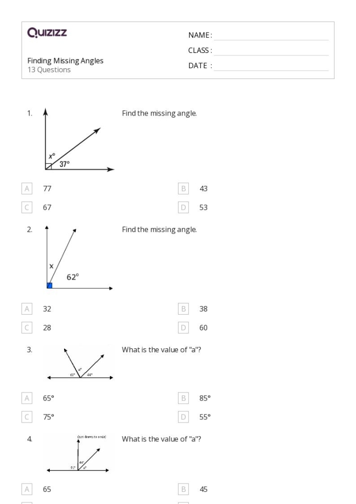 Worksheet for finding the missing angle in various triangles for eighth graders