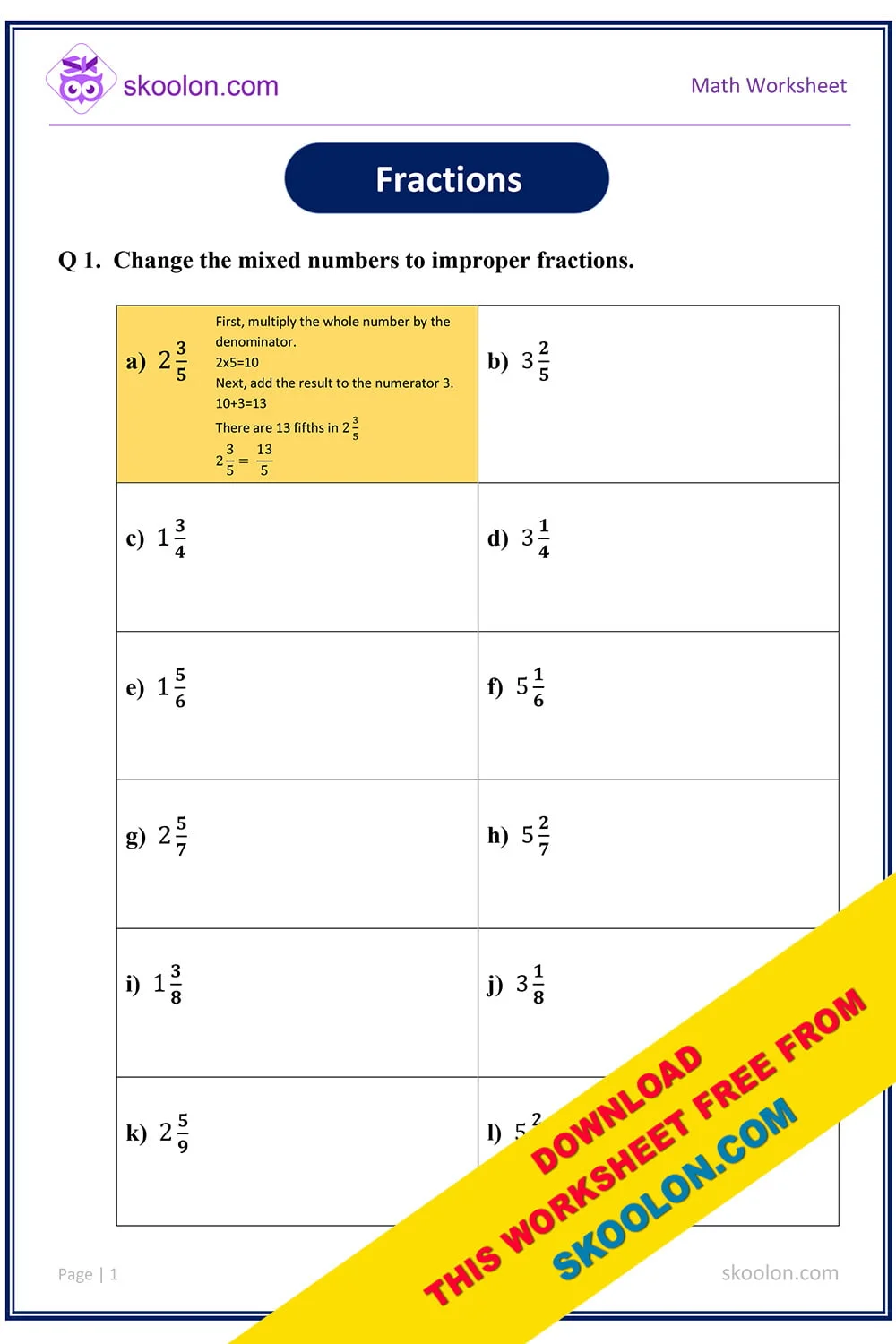 Fifth grade math worksheet showing mixed and improper fractions practice problems with colorful illustrations for number 7