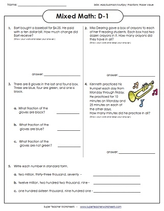 Fourth grade student solving a birthday party themed mixed word problems worksheet