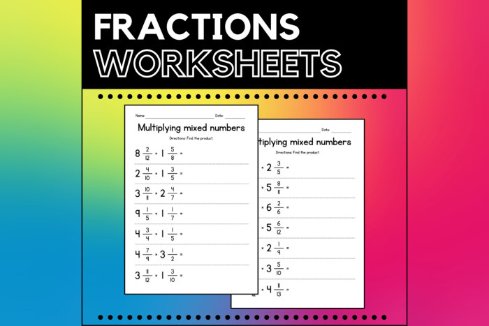 Fifth grade math worksheet showing problems for multiplying mixed numbers together with step-by-step examples