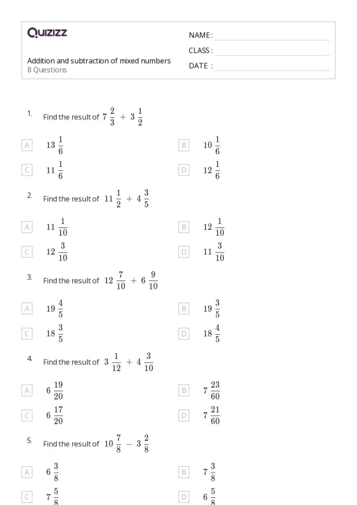 Fourth grade math worksheet featuring shaded shapes to practice adding and subtracting mixed numbers