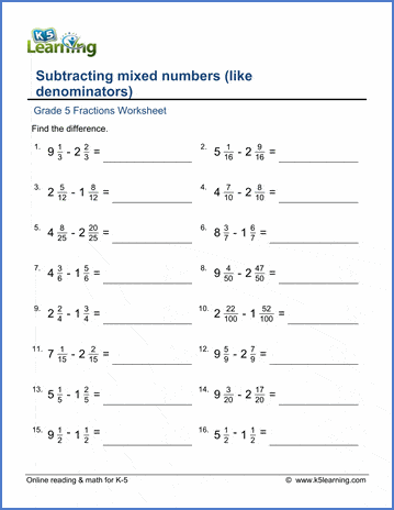 Worksheet for adding and subtracting mixed numbers with step-by-step guidance