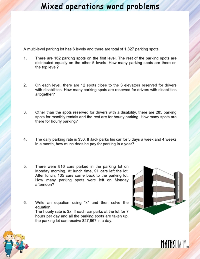 Fourth grade student solving birthday party math problems on a mixed word problems worksheet