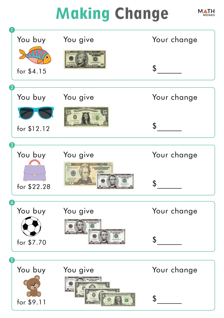 Second grade math worksheet featuring word problems about calculating change while shopping at a toy store