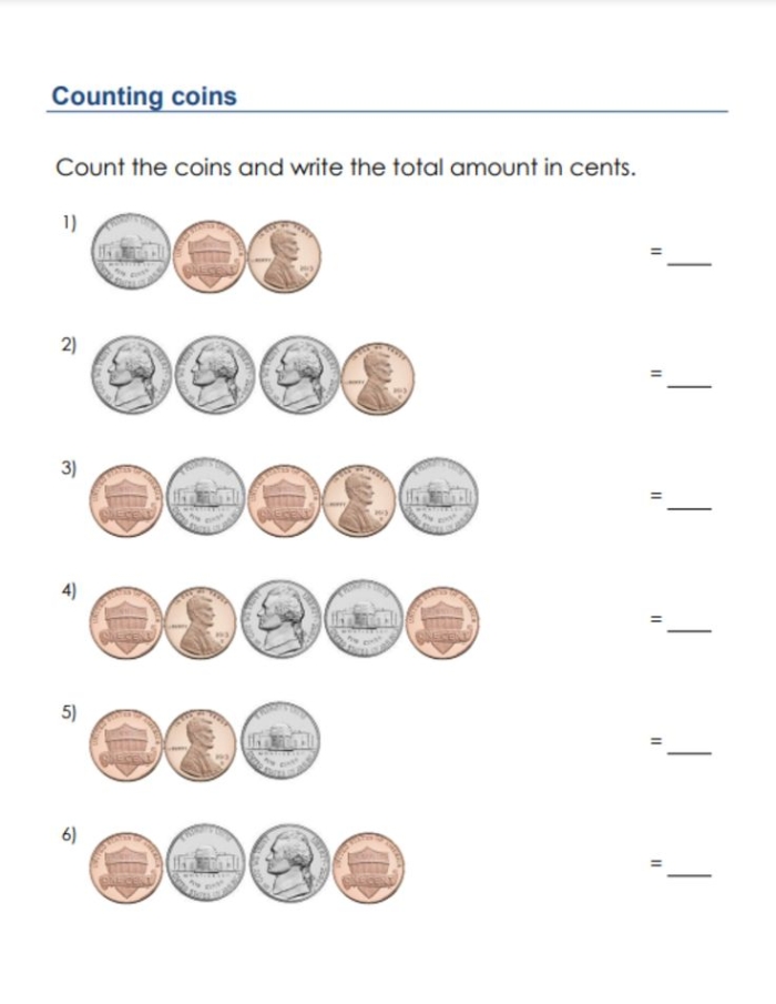 First grade student counting pennies, nickels, dimes and quarters on a counting coins practice worksheet
