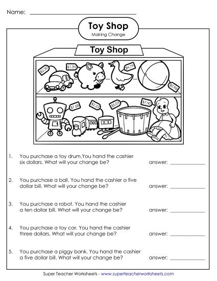 Second grade students practice subtracting money to calculate change on this toy store themed math worksheet