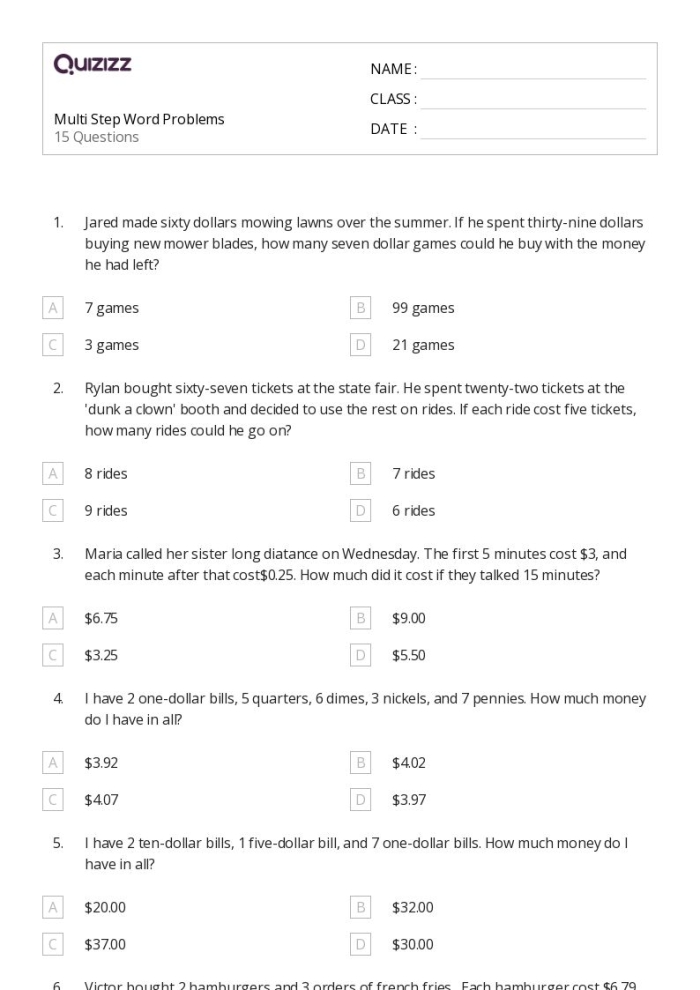 Fifth grade students solving multi-step fraction word problems on a geometry themed worksheet
