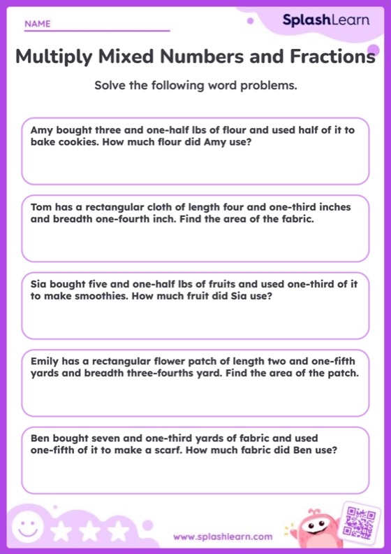 Fifth grade student working on a multi-step fraction word problems worksheet for geometry